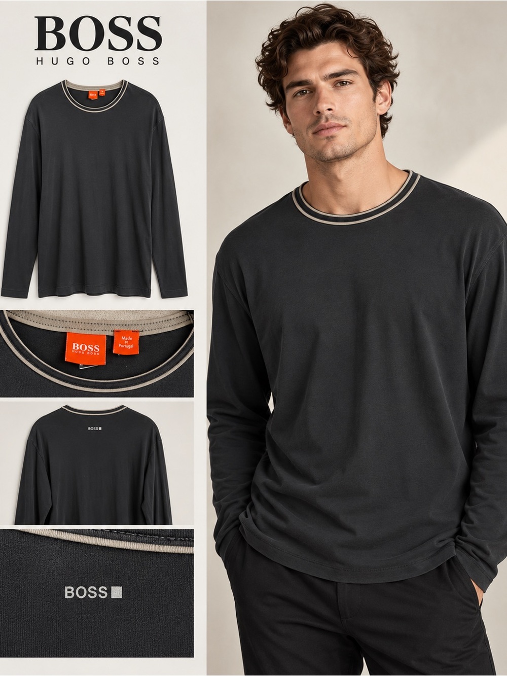 Hugo Boss Long Sleeve Crewneck T-Shirt Gray Tipped Collar XL